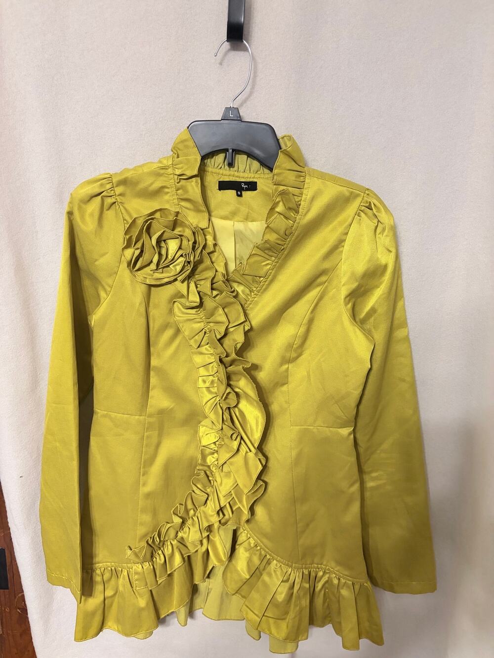 Ryu Chartreuse Ruffle Peplum Blazer Rosette Jacket